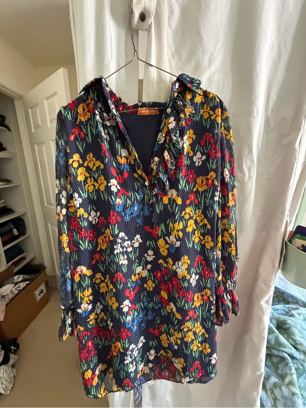 Tory Burch Navy Floral Elastic-Neck Tunic